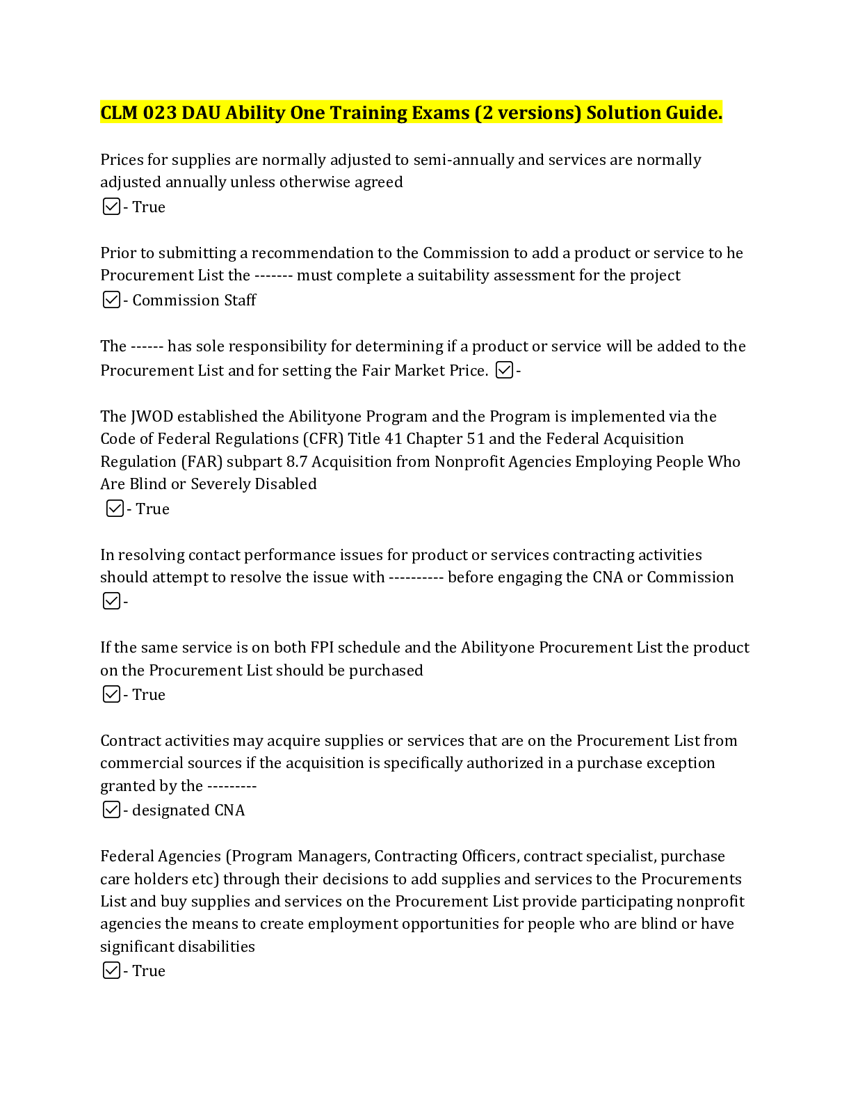 Preview image for CLM 023 DAU Ability One Training Exams (2 versions) Solution Guide.